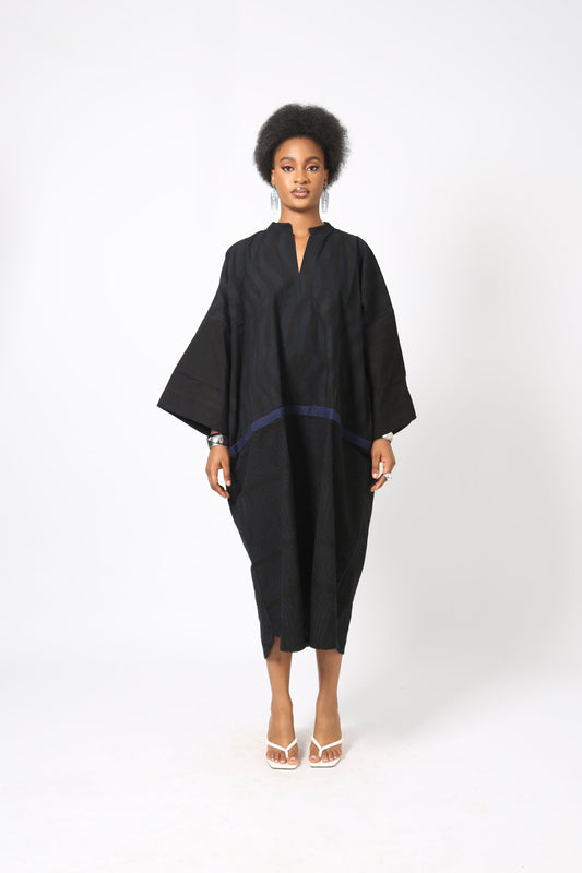 BLACK MULTIPRINT KAFTAN WITH NAVY BLUE ASO OKE OUTLINE