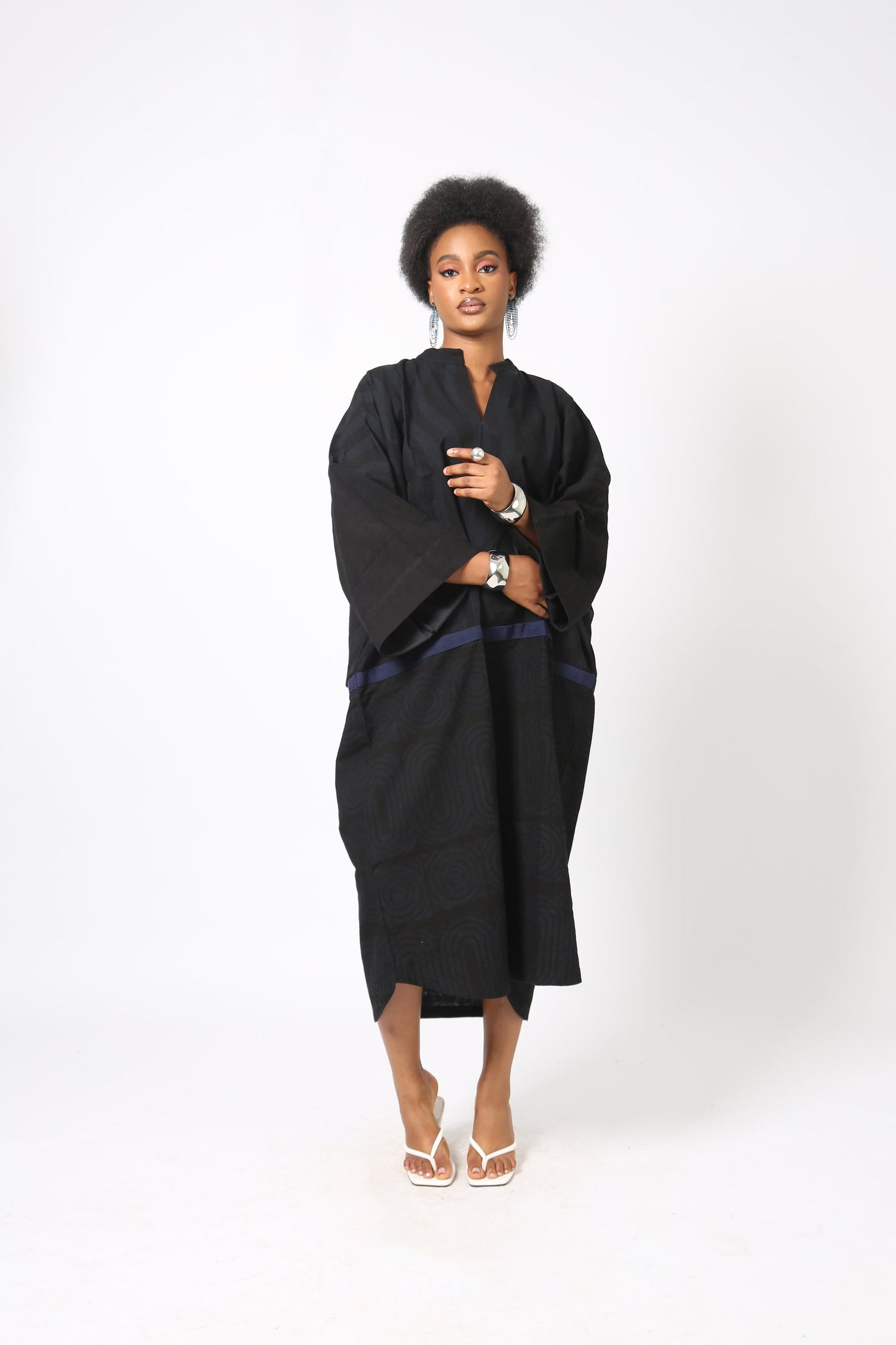 BLACK MULTIPRINT KAFTAN WITH NAVY BLUE ASO OKE OUTLINE