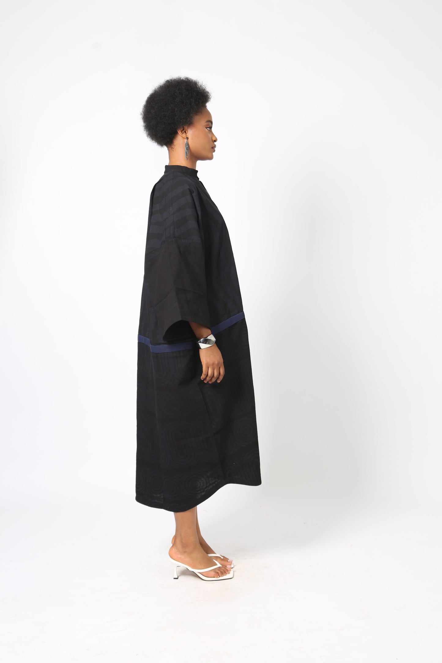 BLACK MULTIPRINT KAFTAN WITH NAVY BLUE ASO OKE OUTLINE