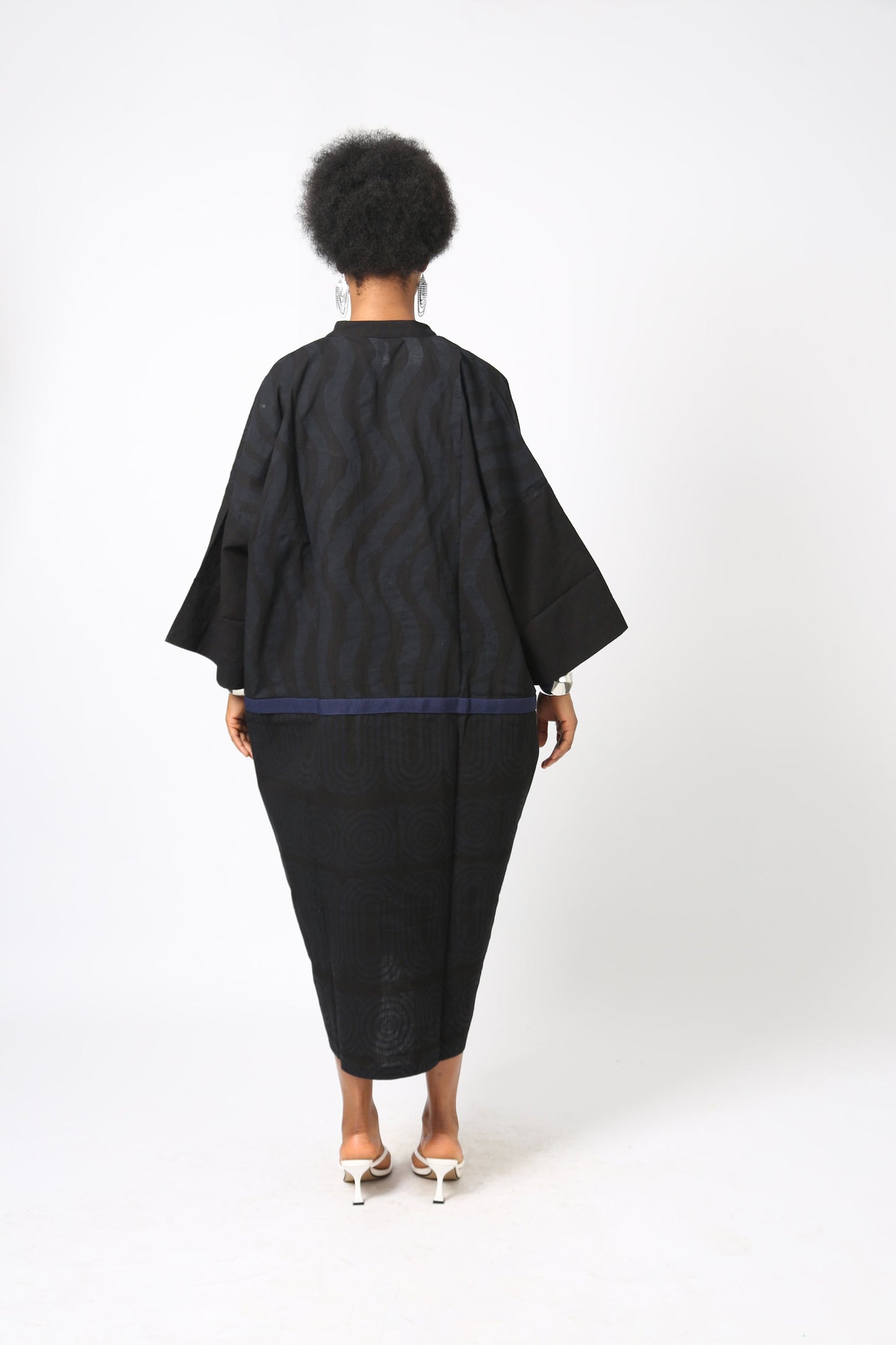 BLACK MULTIPRINT KAFTAN WITH NAVY BLUE ASO OKE OUTLINE