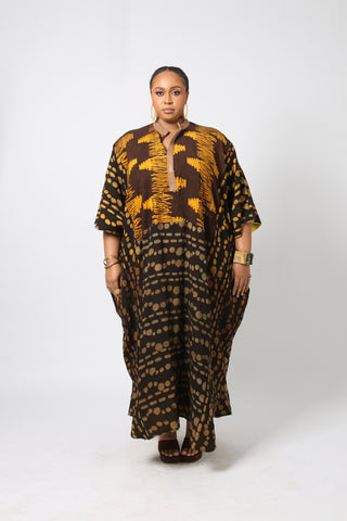 YELLOW AND BROWN MULTIPRINT CHIFFON KAFTAN