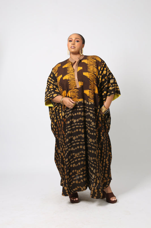 YELLOW AND BROWN MULTIPRINT CHIFFON KAFTAN