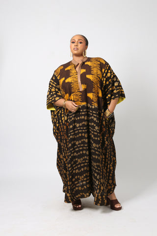 YELLOW AND BROWN MULTIPRINT CHIFFON KAFTAN