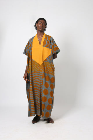 GREY AND YELLOW AGBADA WITH YELLOW ASO OKE
