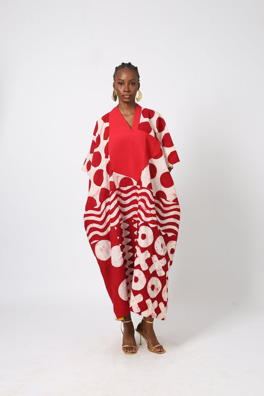 RED AND WHITE MULTIPRINT AGBADA WITH RED ASO OKE