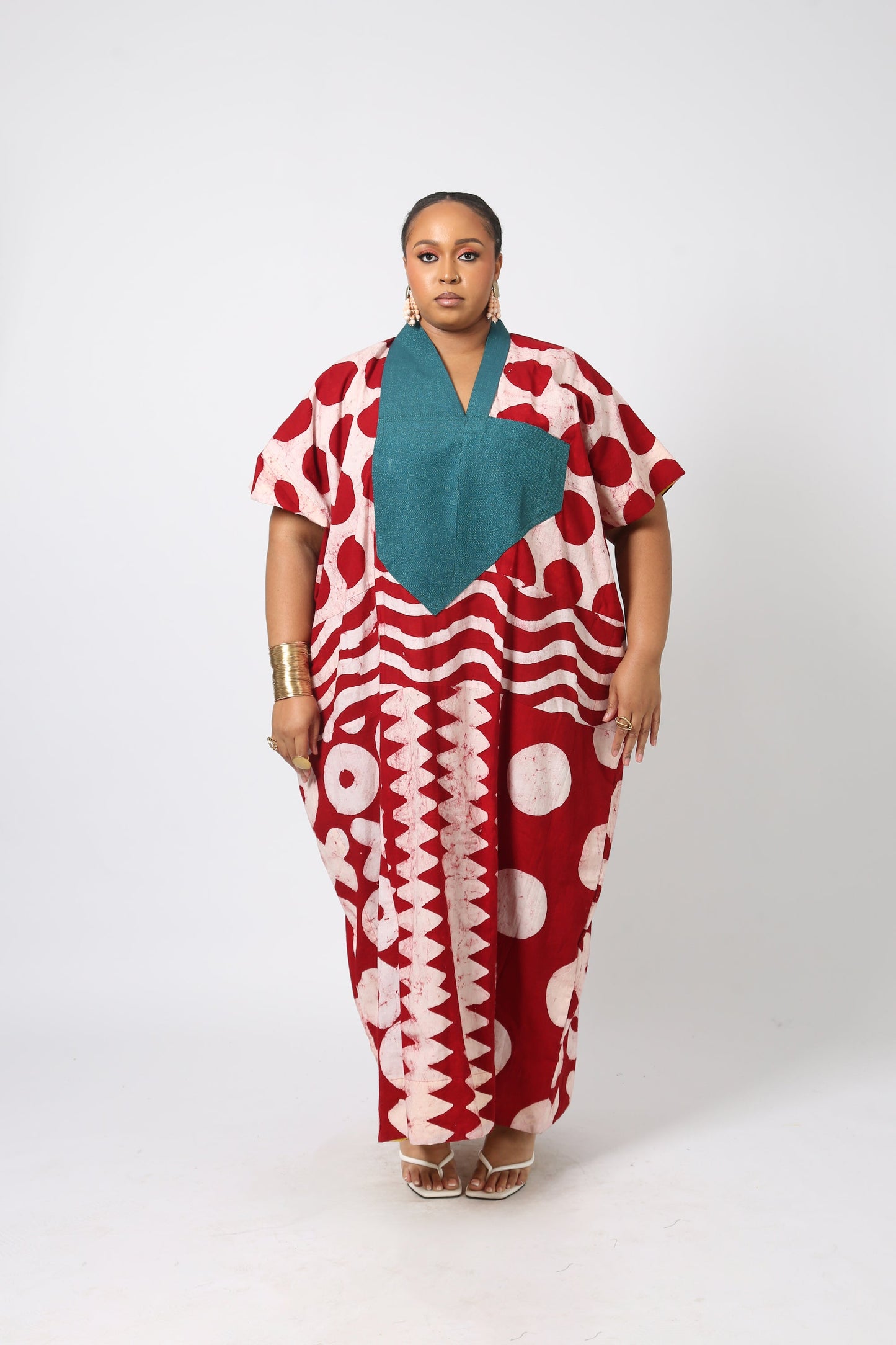 RED AND WHITE MULTIPRINT AGBADA WITH RED ASO OKE