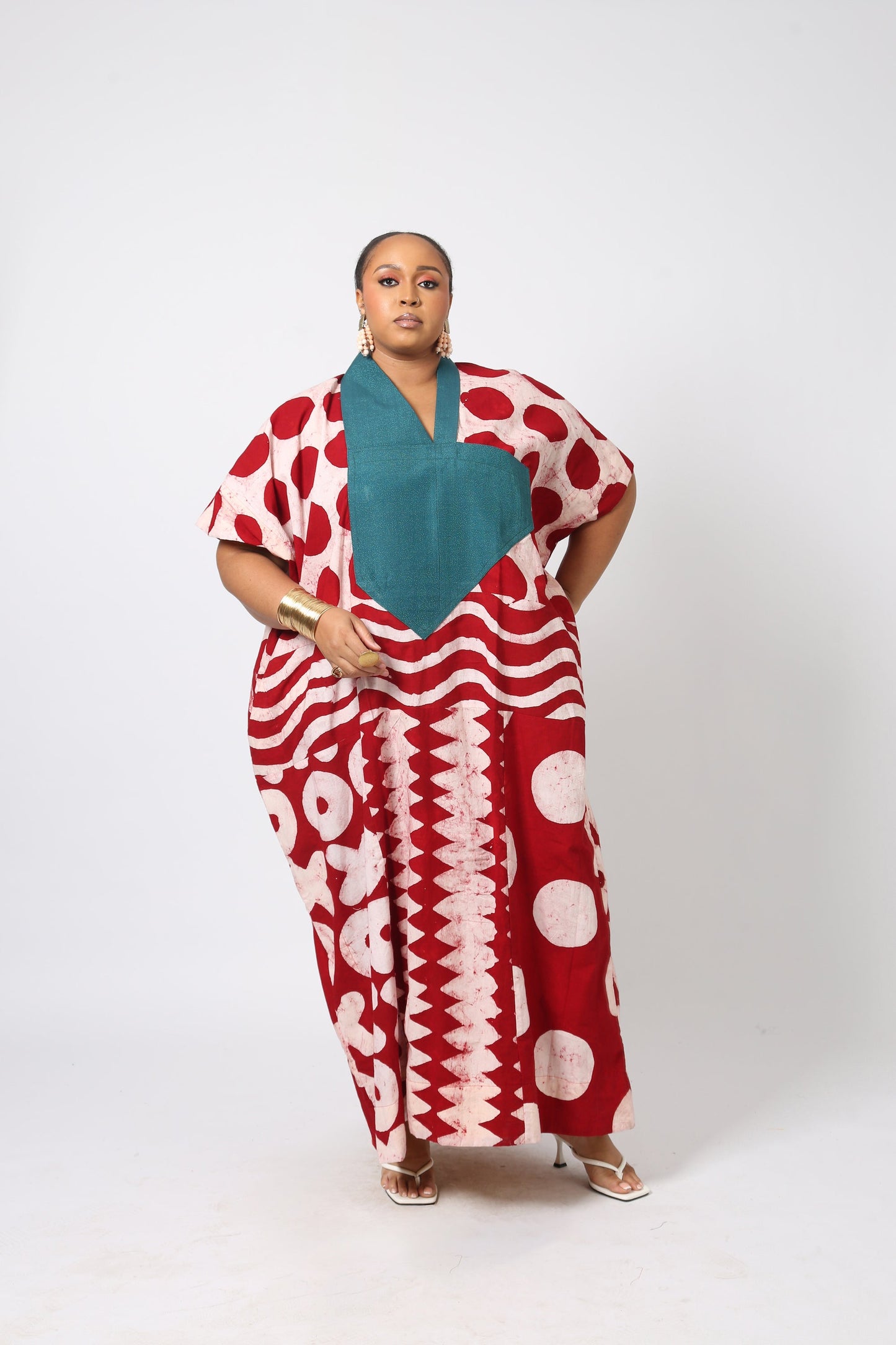 RED AND WHITE MULTIPRINT AGBADA WITH RED ASO OKE