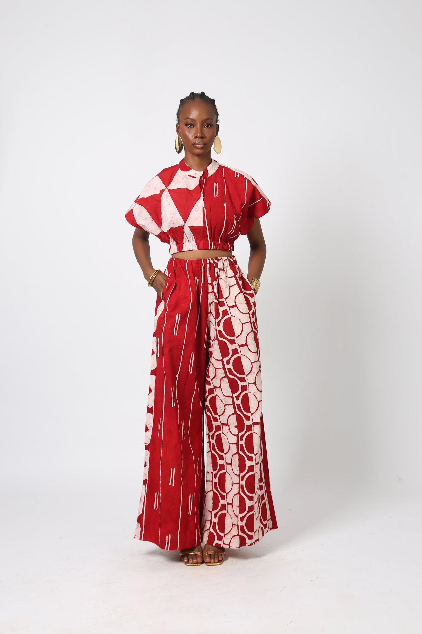 RED AND WHITE MULTIPRINT WIDE LEG PANTS