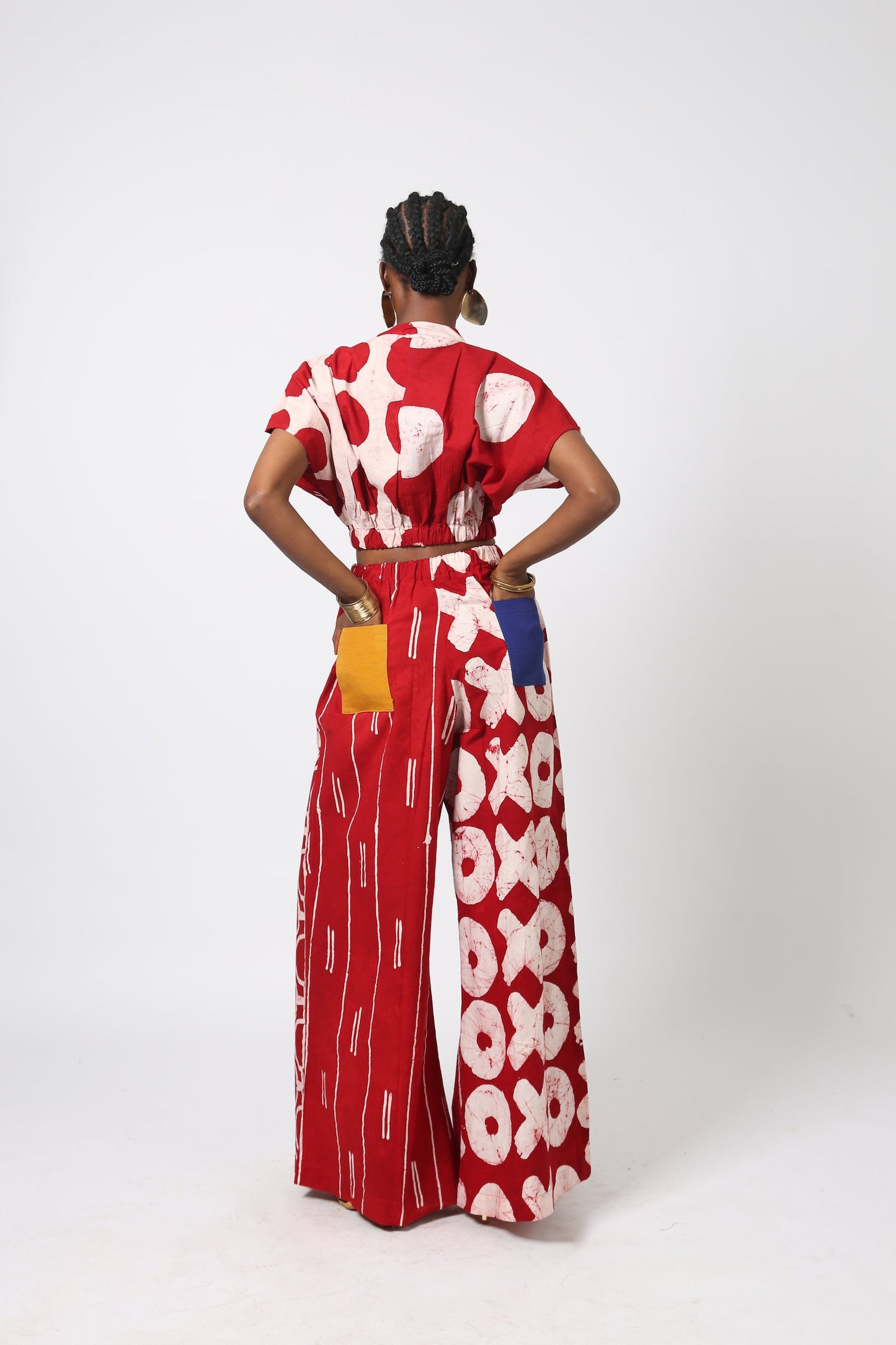 RED AND WHITE MULTIPRINT WIDE LEG PANTS
