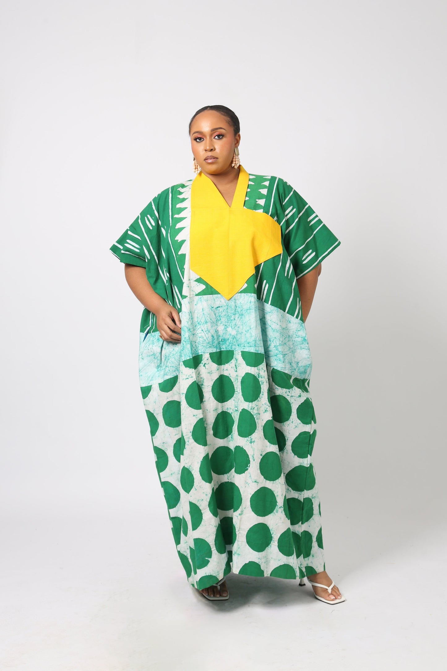 GREEN AND WHITE MULTPRINT AGBADA WITH ASO OKE