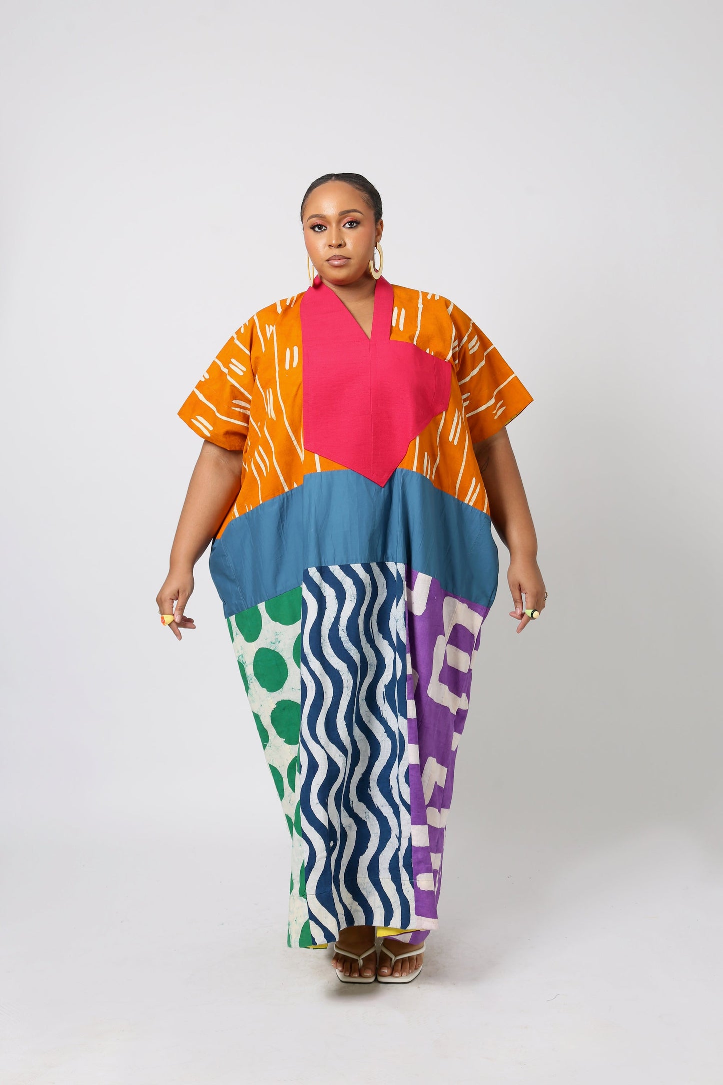 GOLDEN YELLOW AND WHITE MULTICOLORED AGBADA WITH PINK ASO OKE