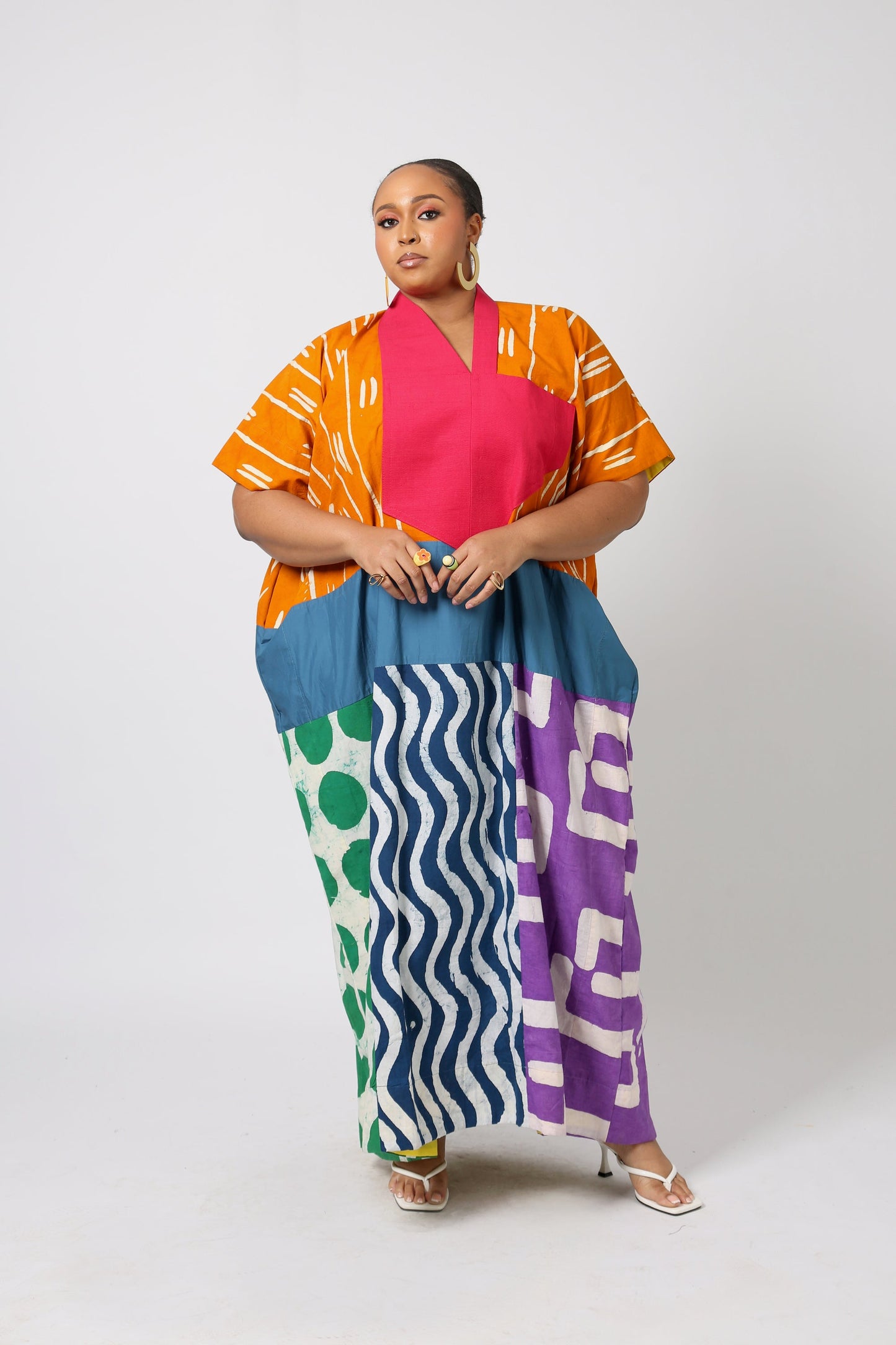 GOLDEN YELLOW AND WHITE MULTICOLORED AGBADA WITH PINK ASO OKE