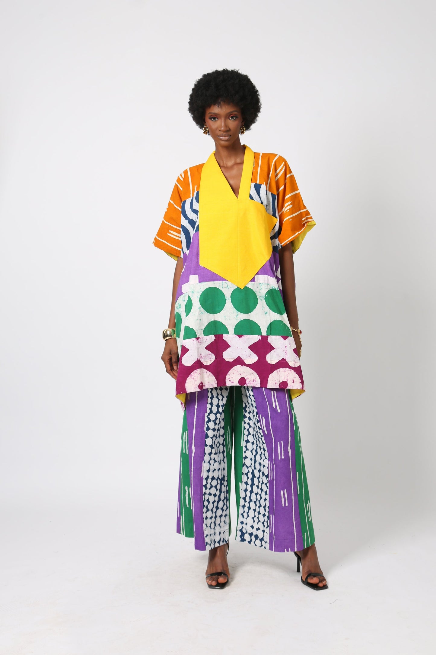 GOLDEN YELLOW AND WHITE MULTICOLORED MINI AGBADA WITH YELLOW ASO OKE