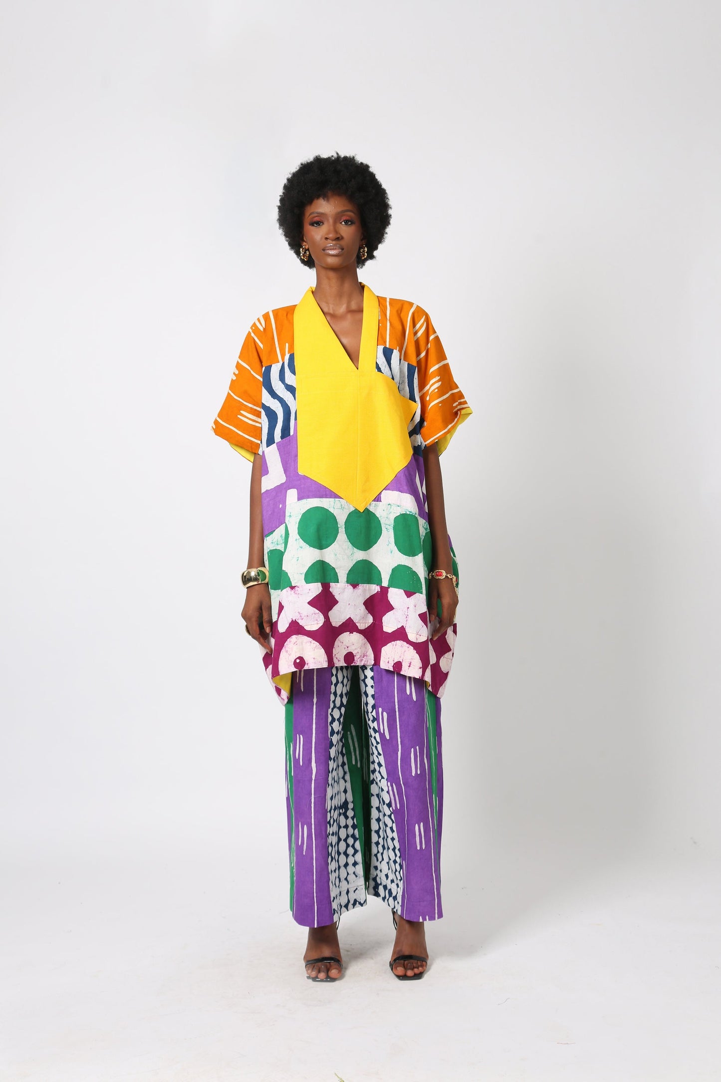 GOLDEN YELLOW AND WHITE MULTICOLORED MINI AGBADA WITH YELLOW ASO OKE