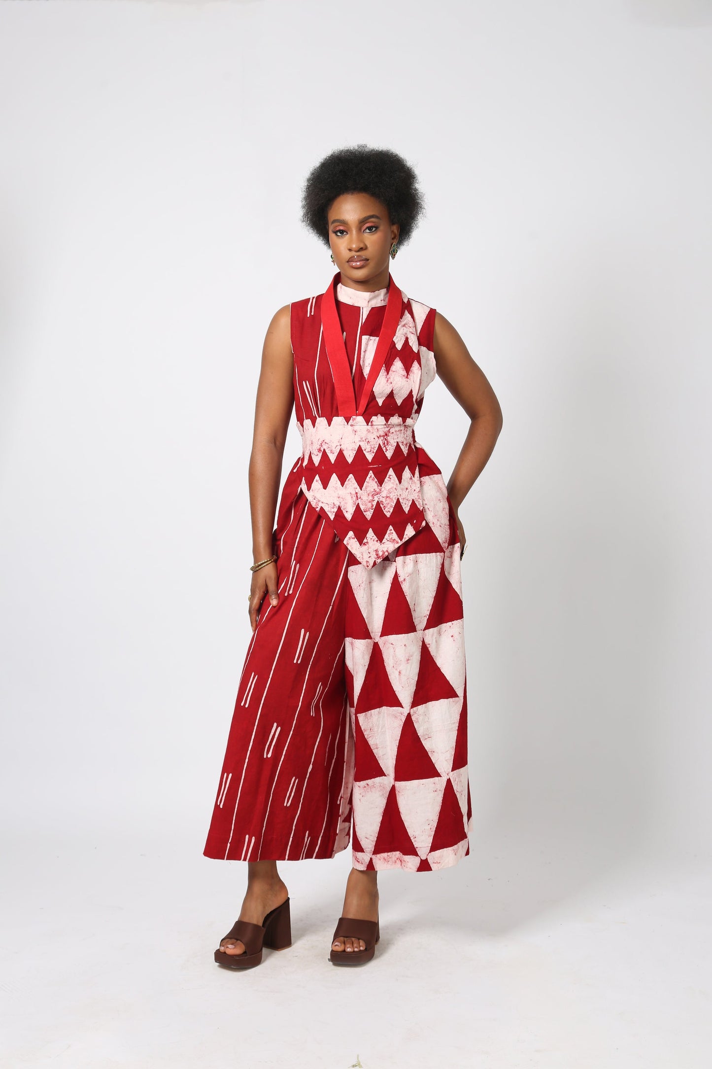 RED AND WHITE MULTIPRINT JUMPSUIT