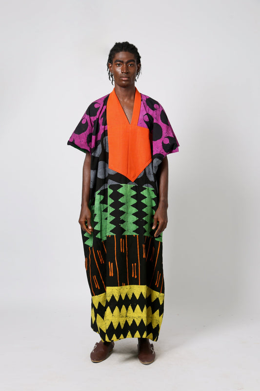 DARK MULTICOLOURED AGBADA WITH ORANGE ASO OKE