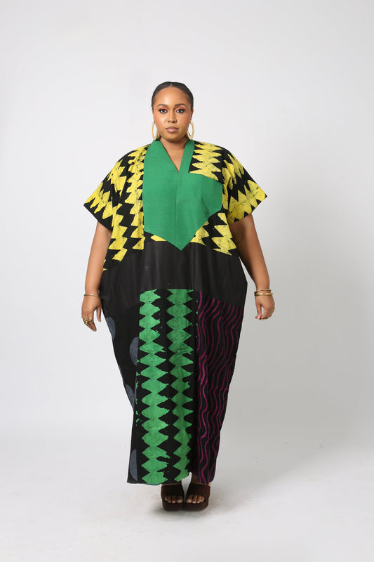 YELLOW AND BLACK MULTICOLOURED AGBADA WITH GREEN ASO OKE