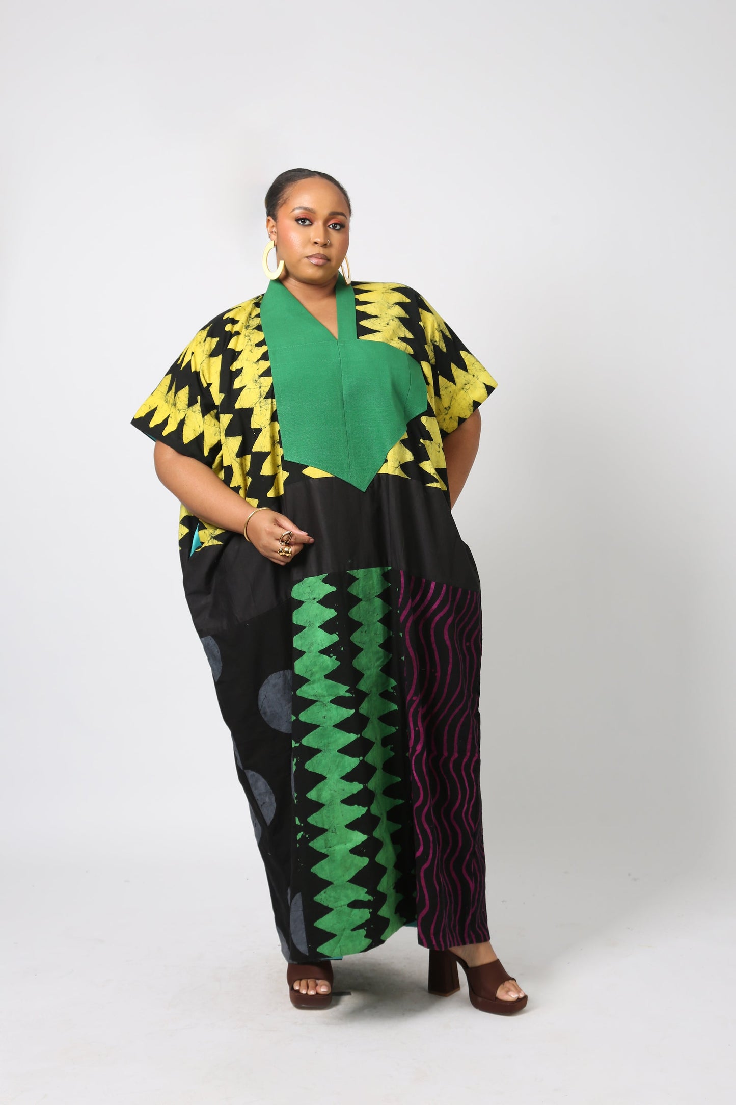 YELLOW AND BLACK MULTICOLOURED AGBADA WITH GREEN ASO OKE