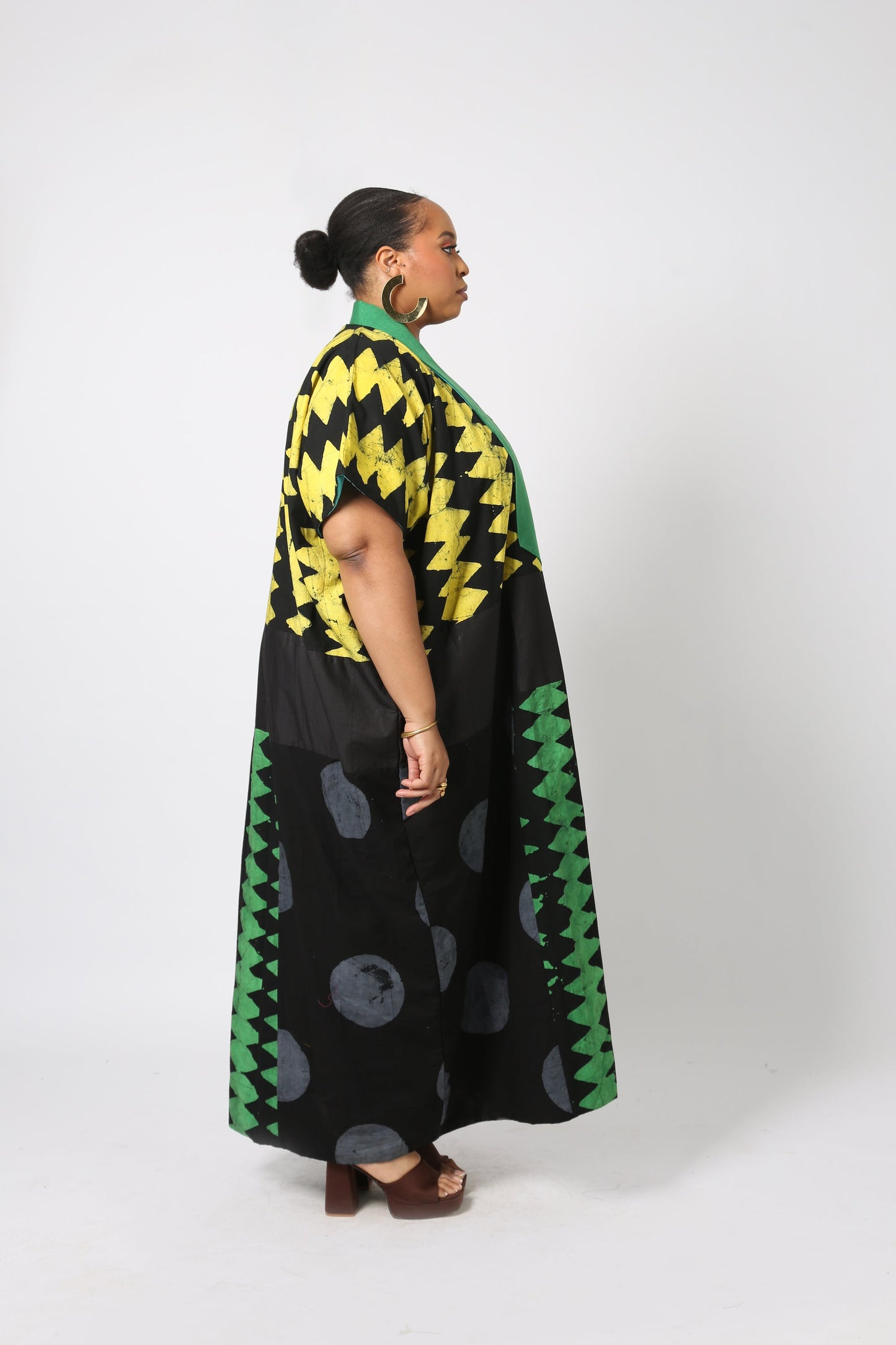 YELLOW AND BLACK MULTICOLOURED AGBADA WITH GREEN ASO OKE