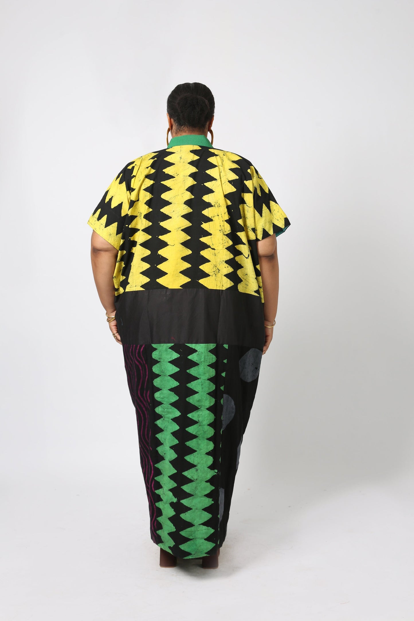 YELLOW AND BLACK MULTICOLOURED AGBADA WITH GREEN ASO OKE
