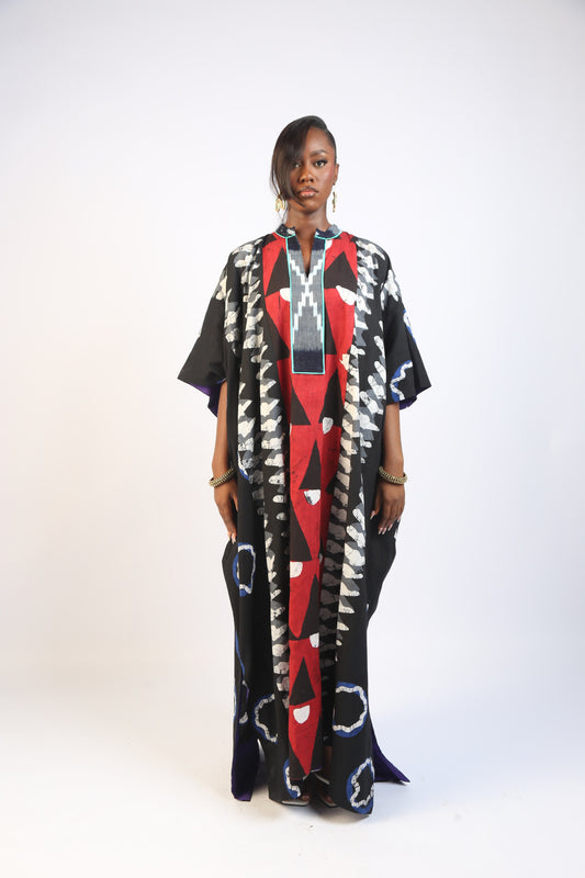 RED, BLUE AND KHAKI MULTICOLOURED JALABIYA WITH BAULEKITA AND SEAGREEN OUTLINE