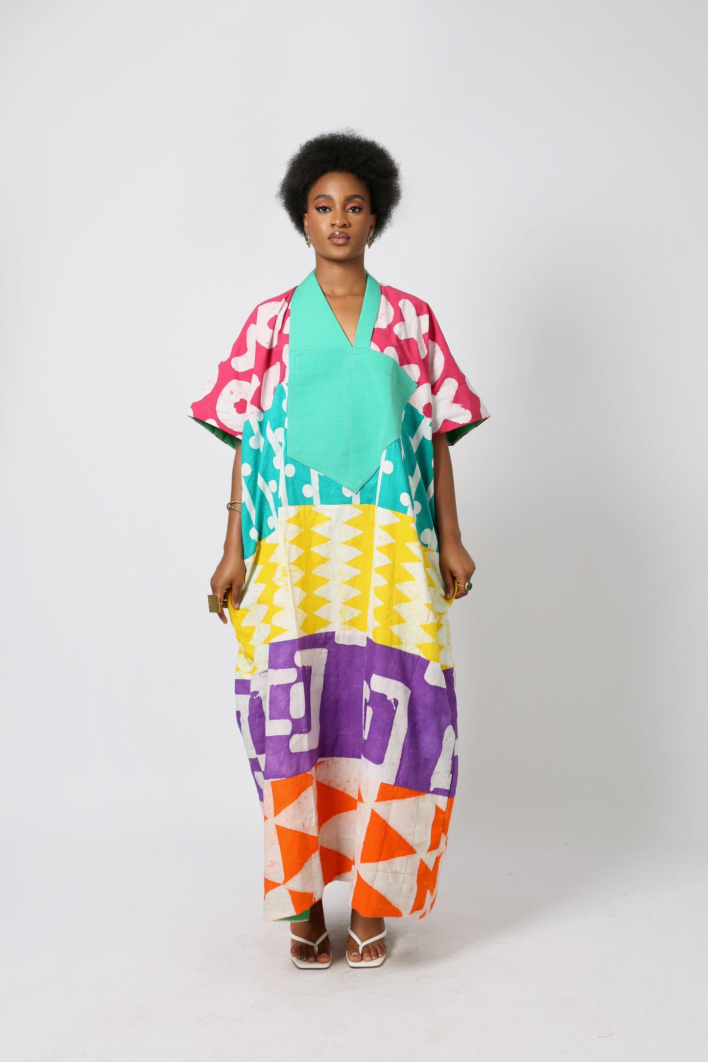 BRIGHT MULTICOLOURED AGBADA WITH SEAGREEN ASO OKE