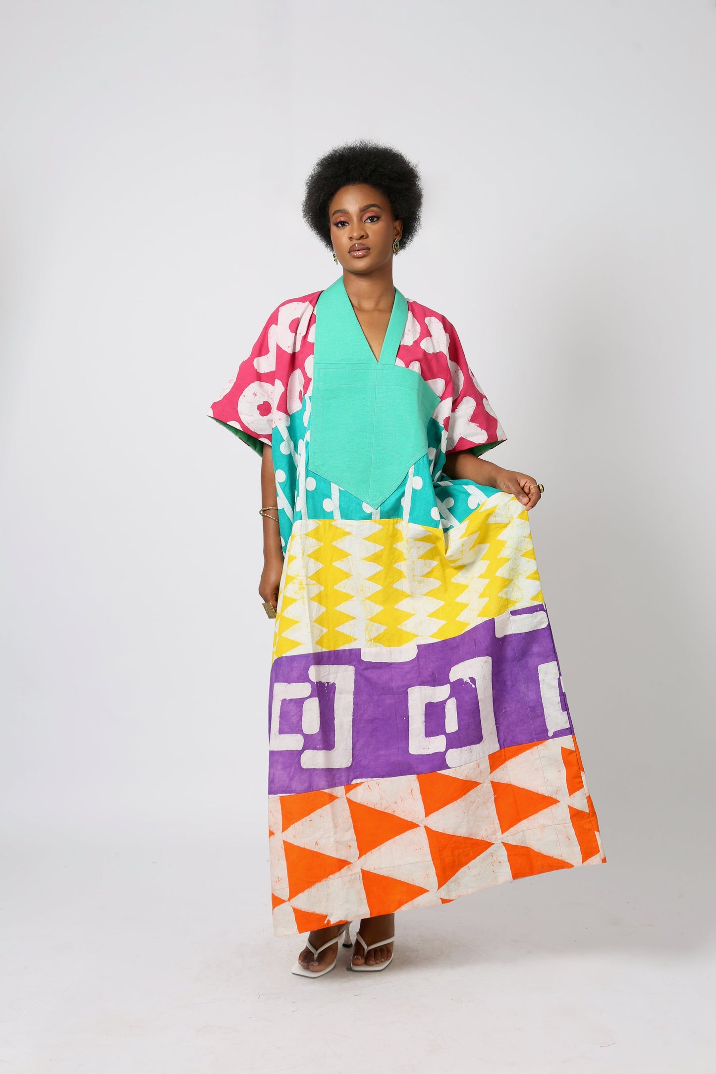BRIGHT MULTICOLOURED AGBADA WITH SEAGREEN ASO OKE