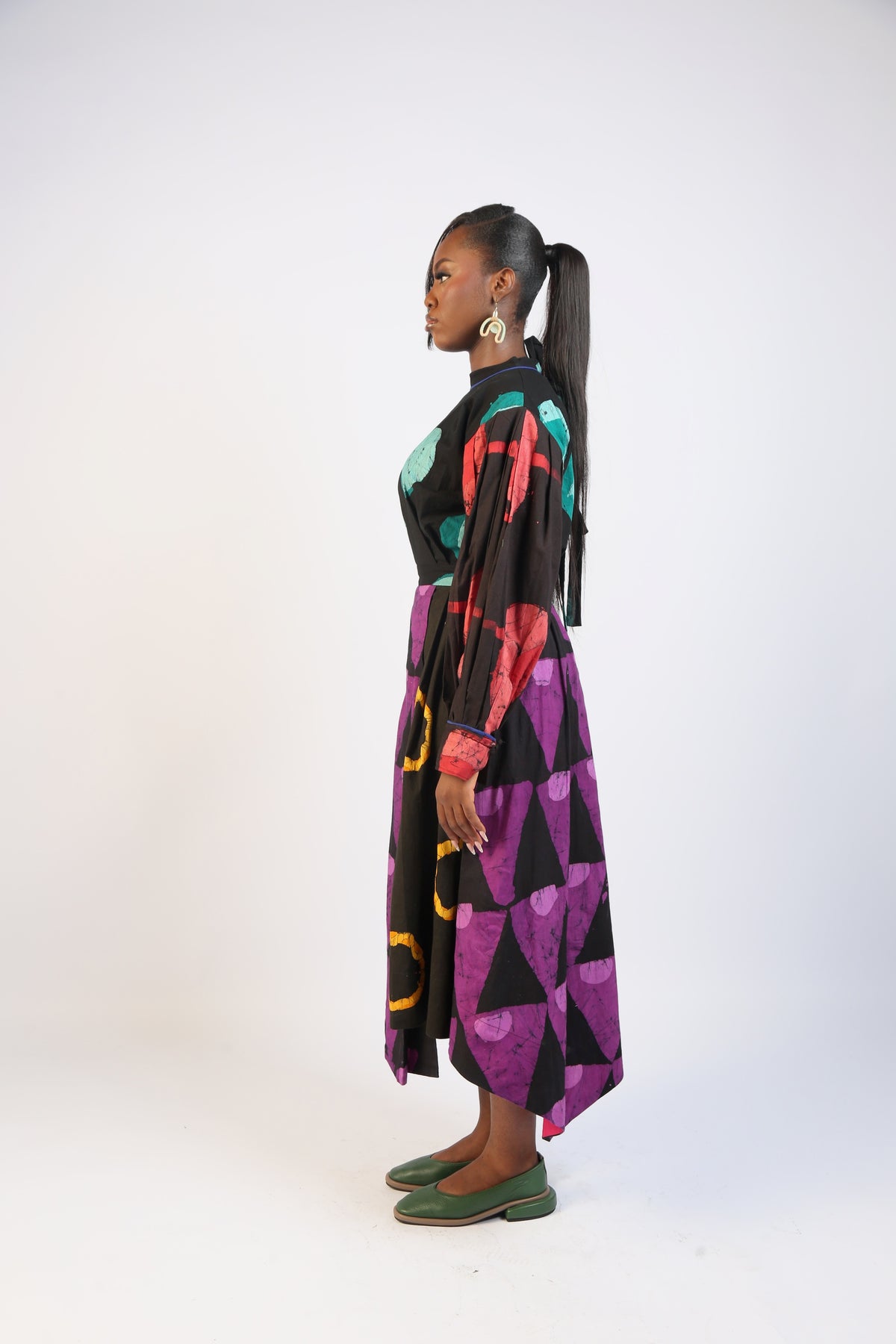 GREEN AND MAGENTA  MULTICOLOURED LONG SLEEVE MIDI IRO DRESS