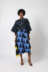 BLACK AND BLUE MULTIPRINT SHIRT DRESS