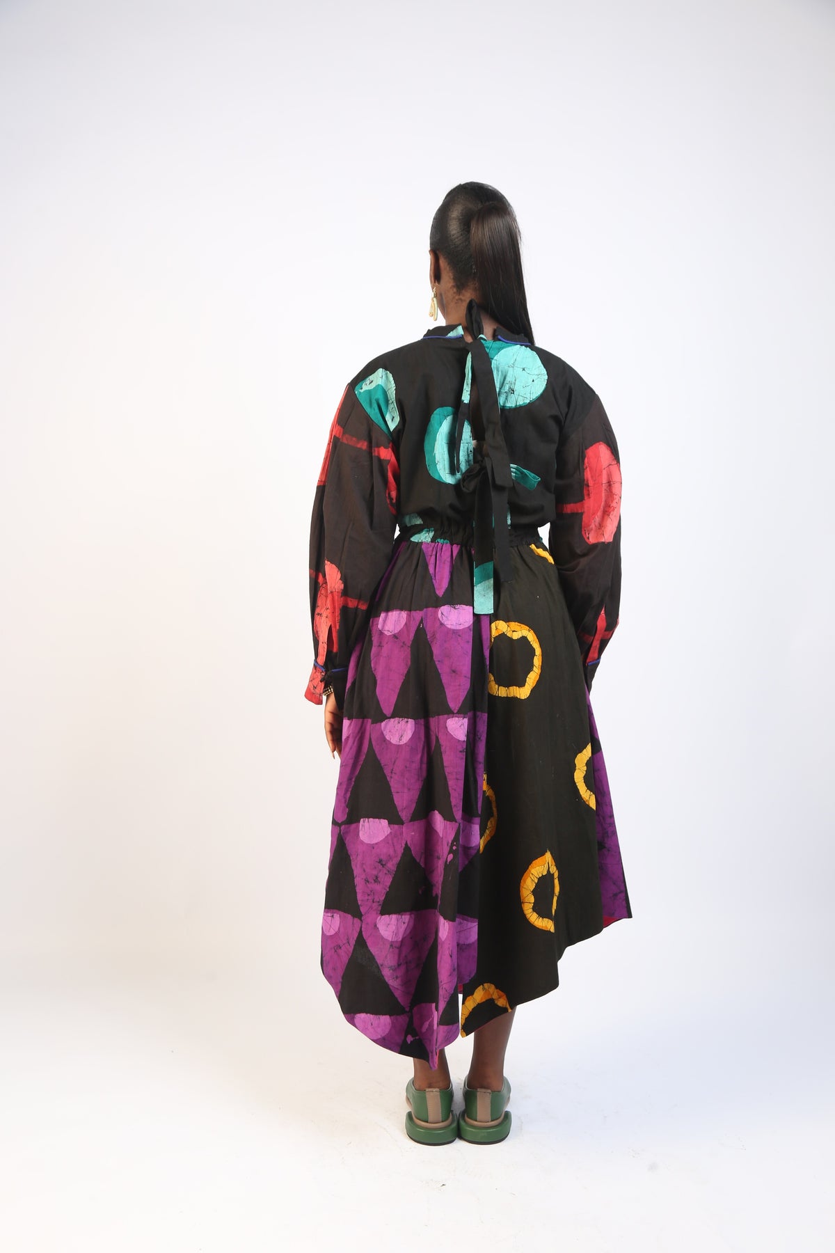 GREEN AND MAGENTA  MULTICOLOURED LONG SLEEVE MIDI IRO DRESS