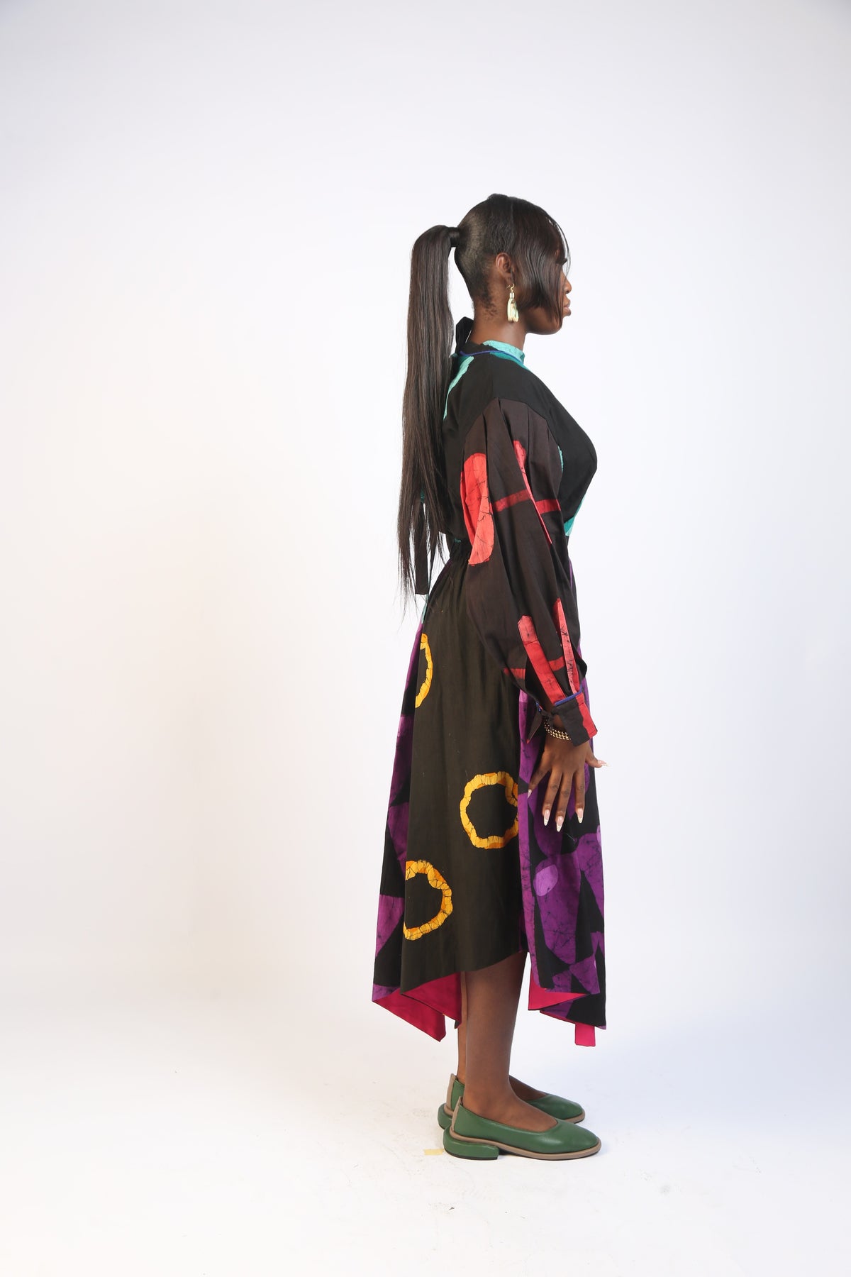 GREEN AND MAGENTA  MULTICOLOURED LONG SLEEVE MIDI IRO DRESS