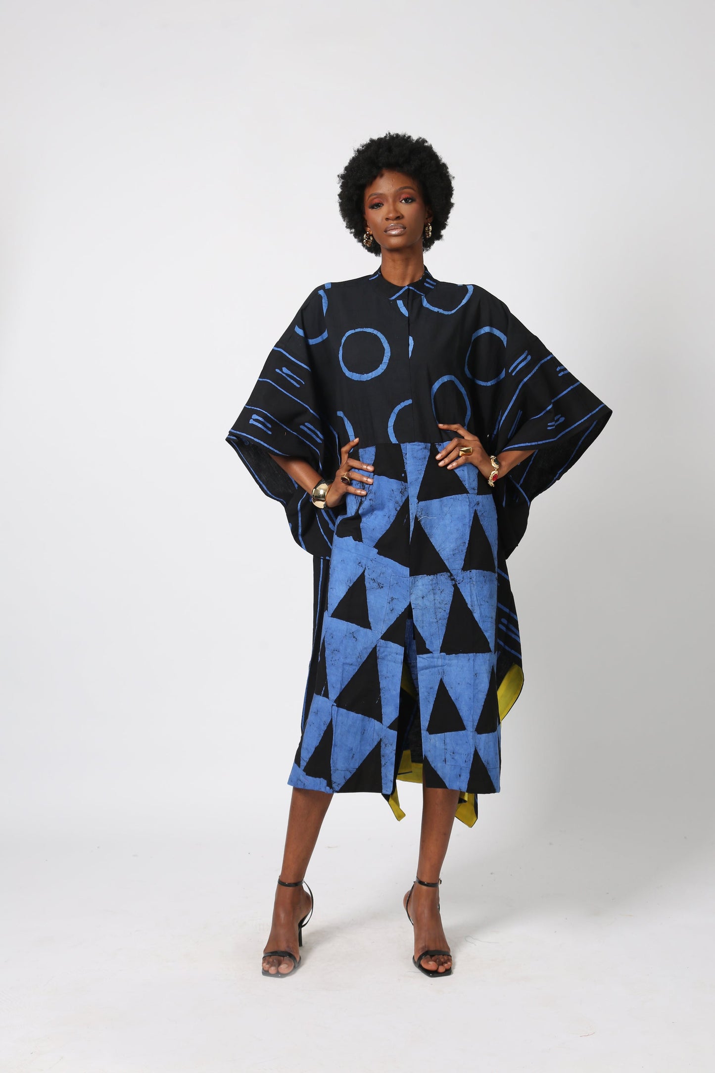 BLACK AND BLUE MULTIPRINT SHIRT DRESS