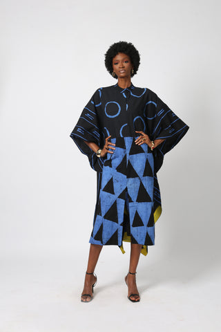 BLACK AND BLUE MULTIPRINT SHIRT DRESS