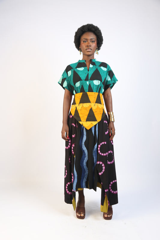 OLIVE AND BLUE MULTICOLOURED SLEEVELESS SHIRT DRESS