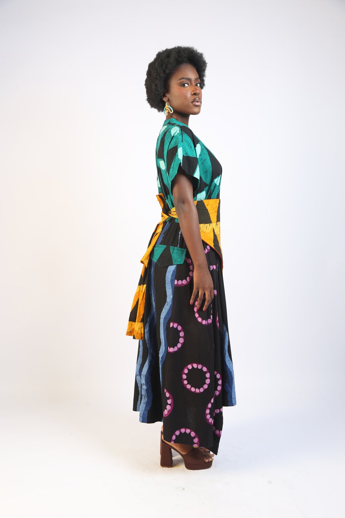 OLIVE AND BLUE MULTICOLOURED SLEEVELESS SHIRT DRESS
