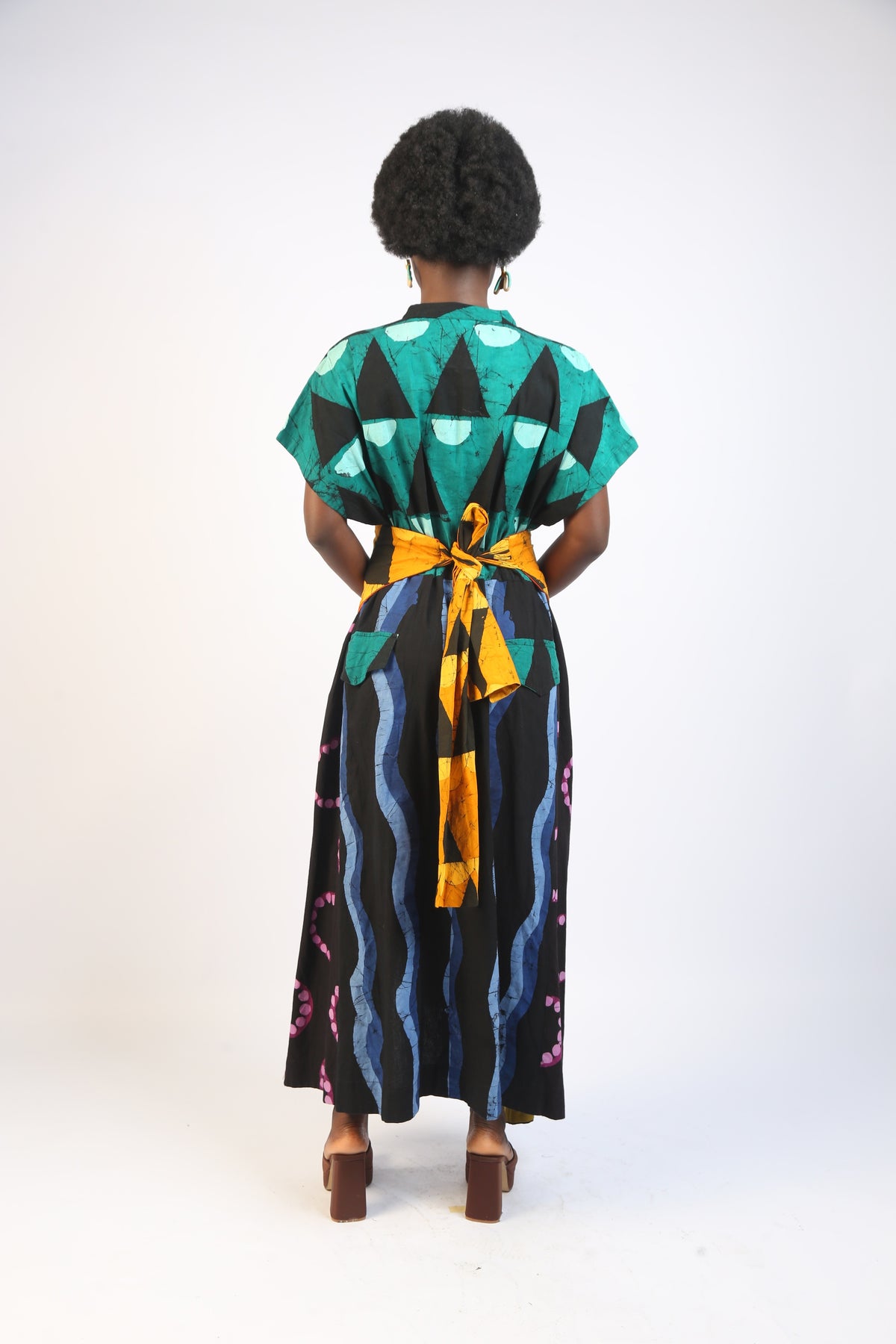 OLIVE AND BLUE MULTICOLOURED SLEEVELESS SHIRT DRESS