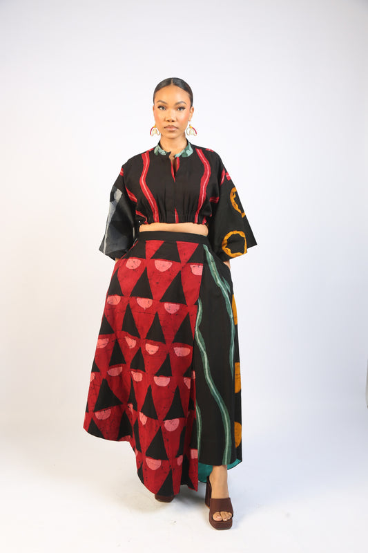 RED, OLIVE AND GOLDEN YELLOW MULTICOLOURED CROP TOP WITH KIMONO SLEEVES