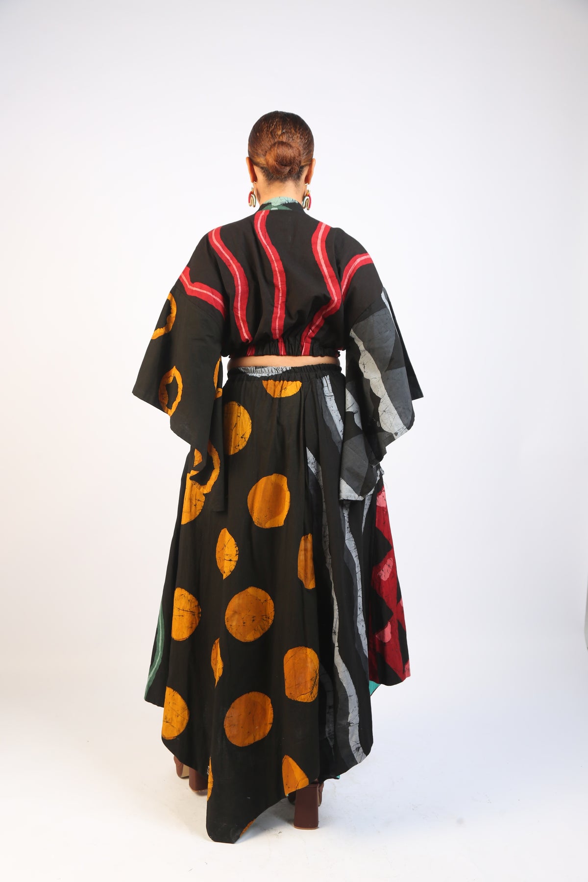 RED AND OLIVE MULTICOLOURED MIDI IRO SKIRT