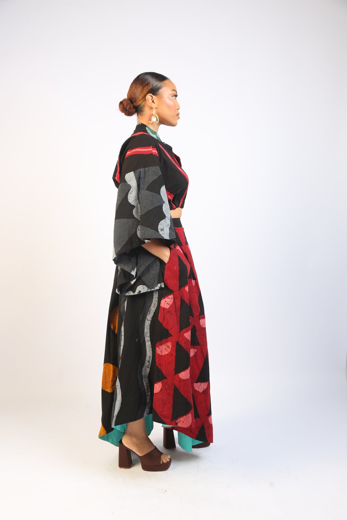 RED AND OLIVE MULTICOLOURED MIDI IRO SKIRT