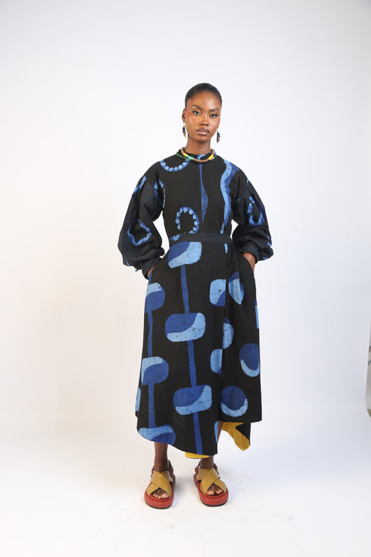 BLUE AND BLACK MULTIPRINT LONG SLEEVE IRO DRES