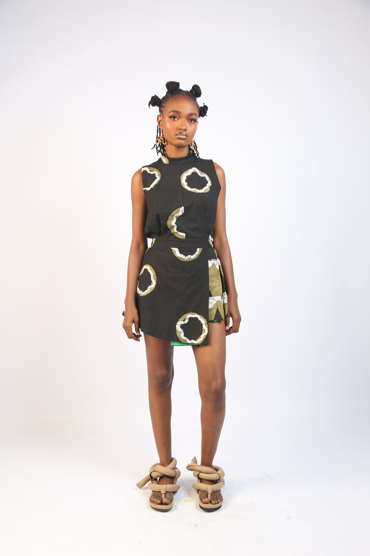 WHITE, KHAKI AND BLACK MULTIPRINT MINI IRO DRESS