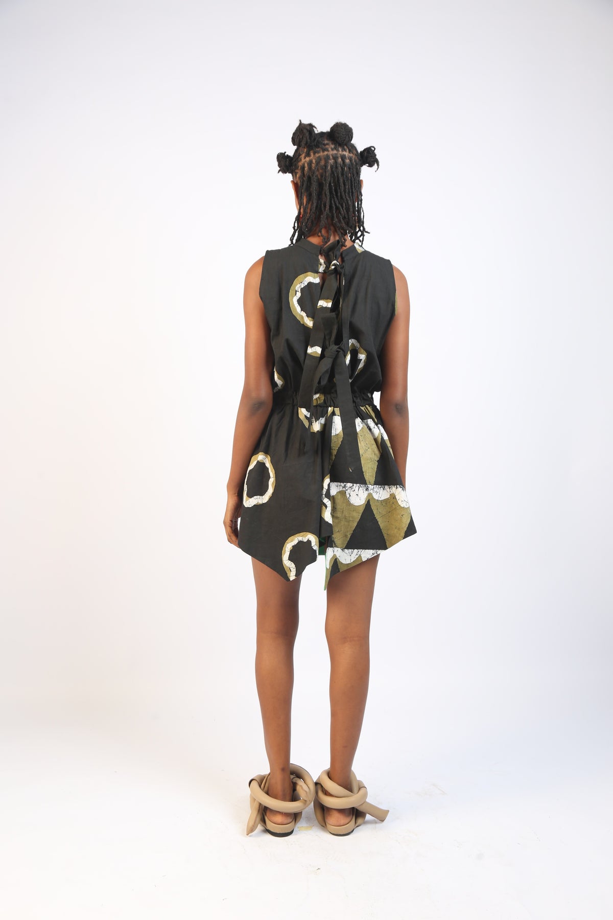 WHITE, KHAKI AND BLACK MULTIPRINT MINI IRO DRESS