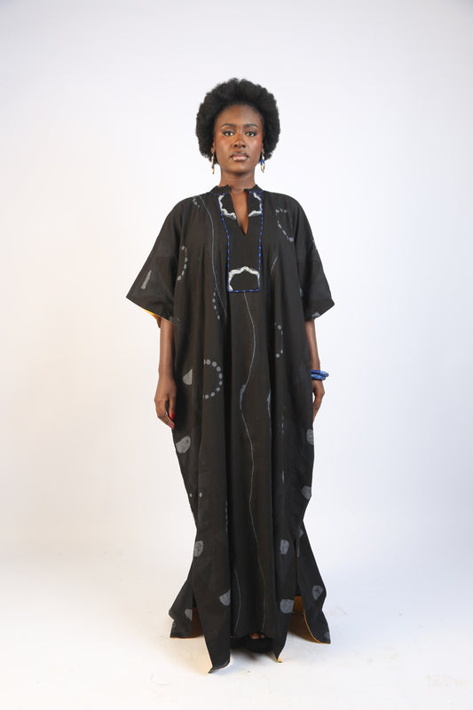 GREY, GREY AND BLACK MULTIPRINT  JALABIYA WITH BLUE OUTLINE