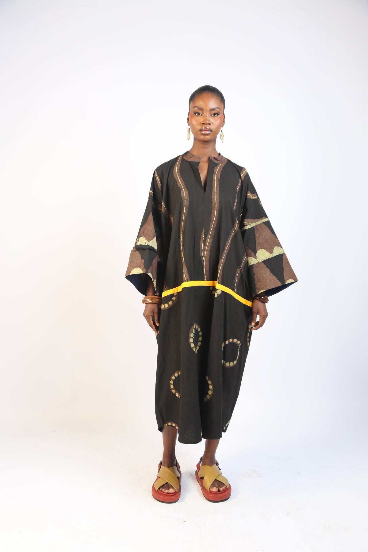 KHAKI, BROWN  AND BLACK  MULTIPRINT KAFTAN