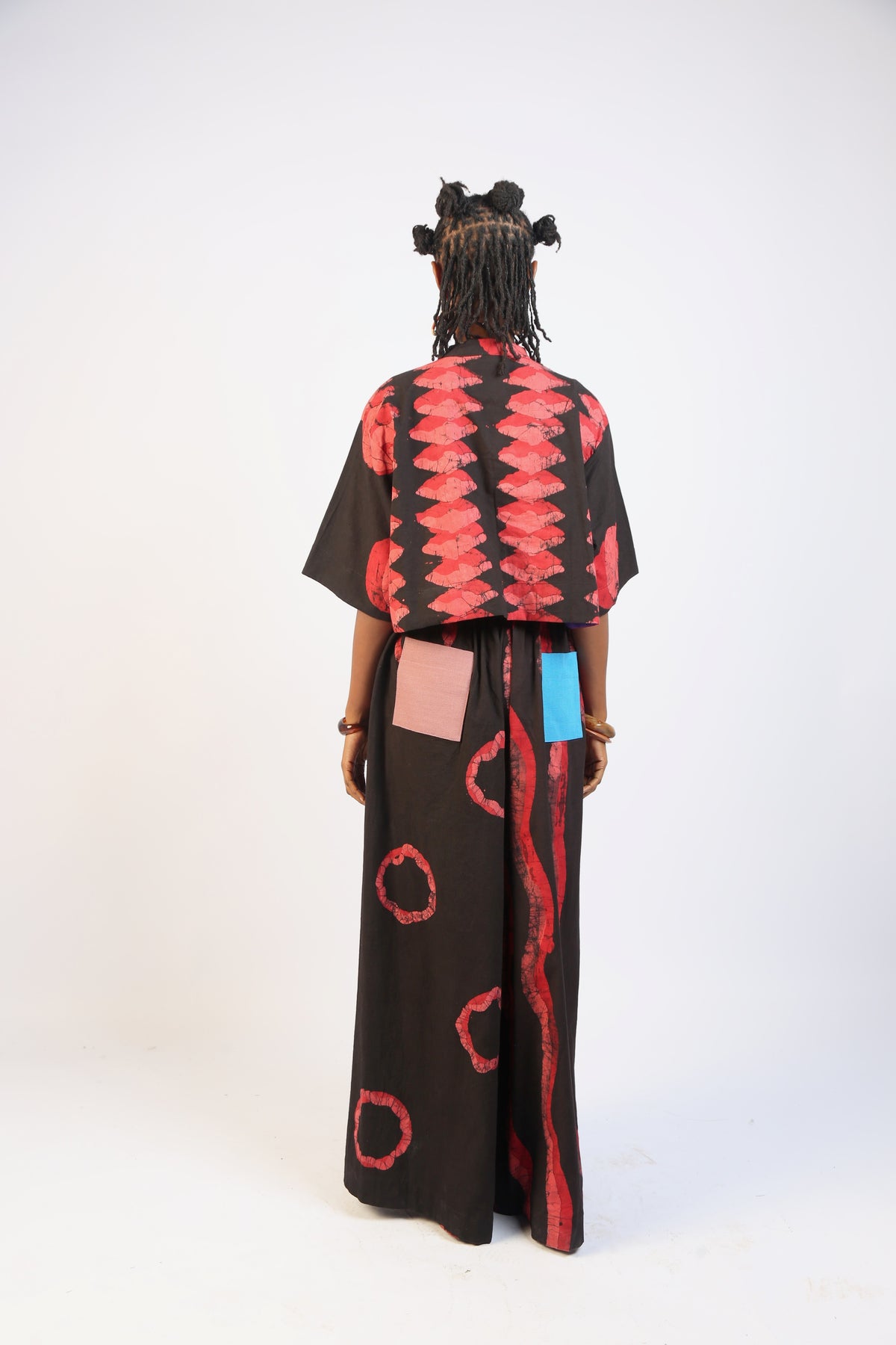 CORAL, RED AND BLACK MULTIPRINT PANTS