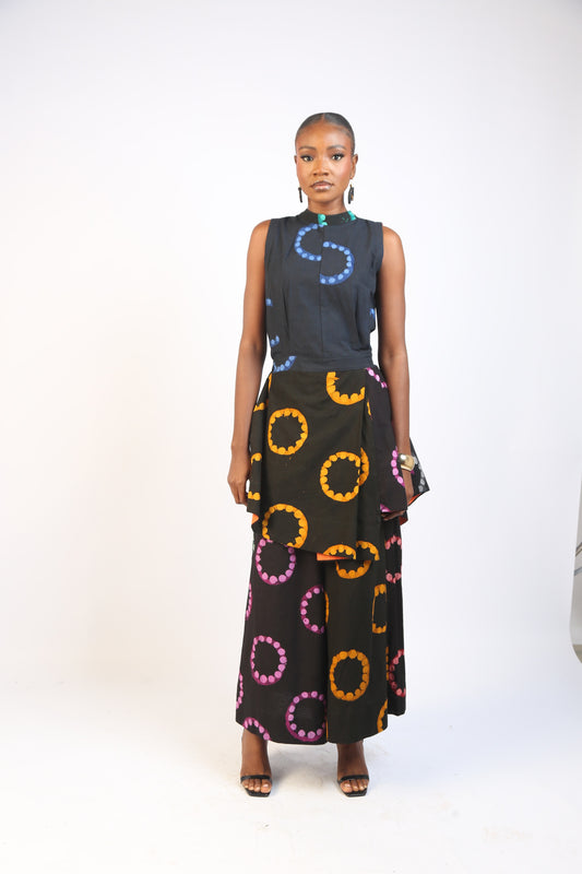 BLACK DOTTED CIRCLE PRINT MULTICOLOURED MINI IRO DRESS