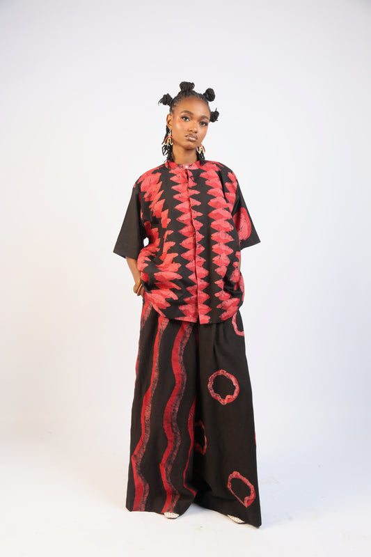 CORAL, RED AND BLACK MULTIPRINT SHIRT