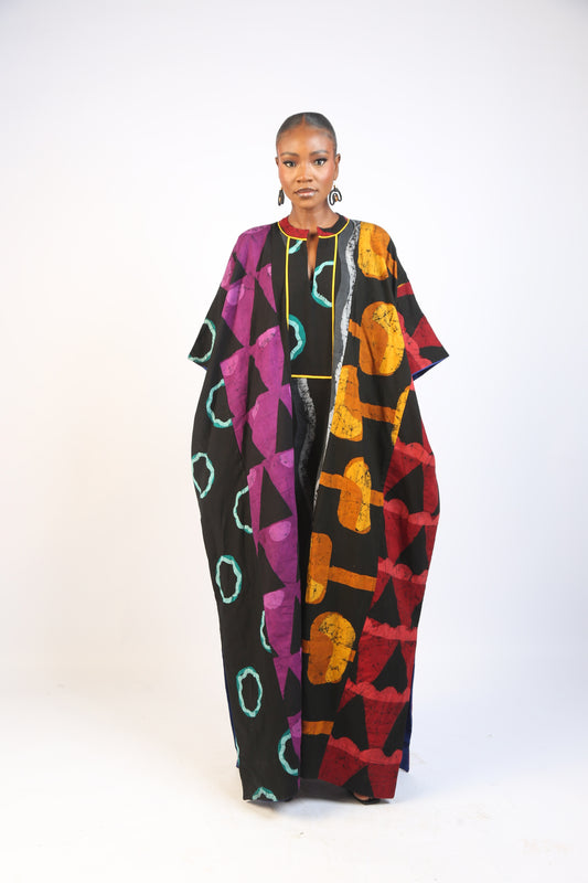 RED, BLUE AND MAGENTA MULTICOLOURED JALABIYA WITH YELLOW OUTLINE
