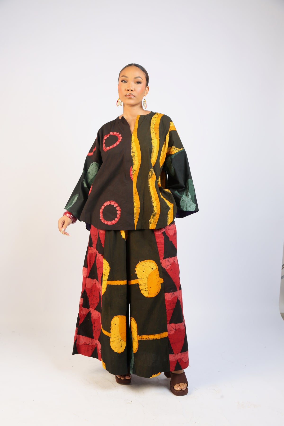 RED AND GOLDEN YELLOW MULTICOLOURED BUBA TOP