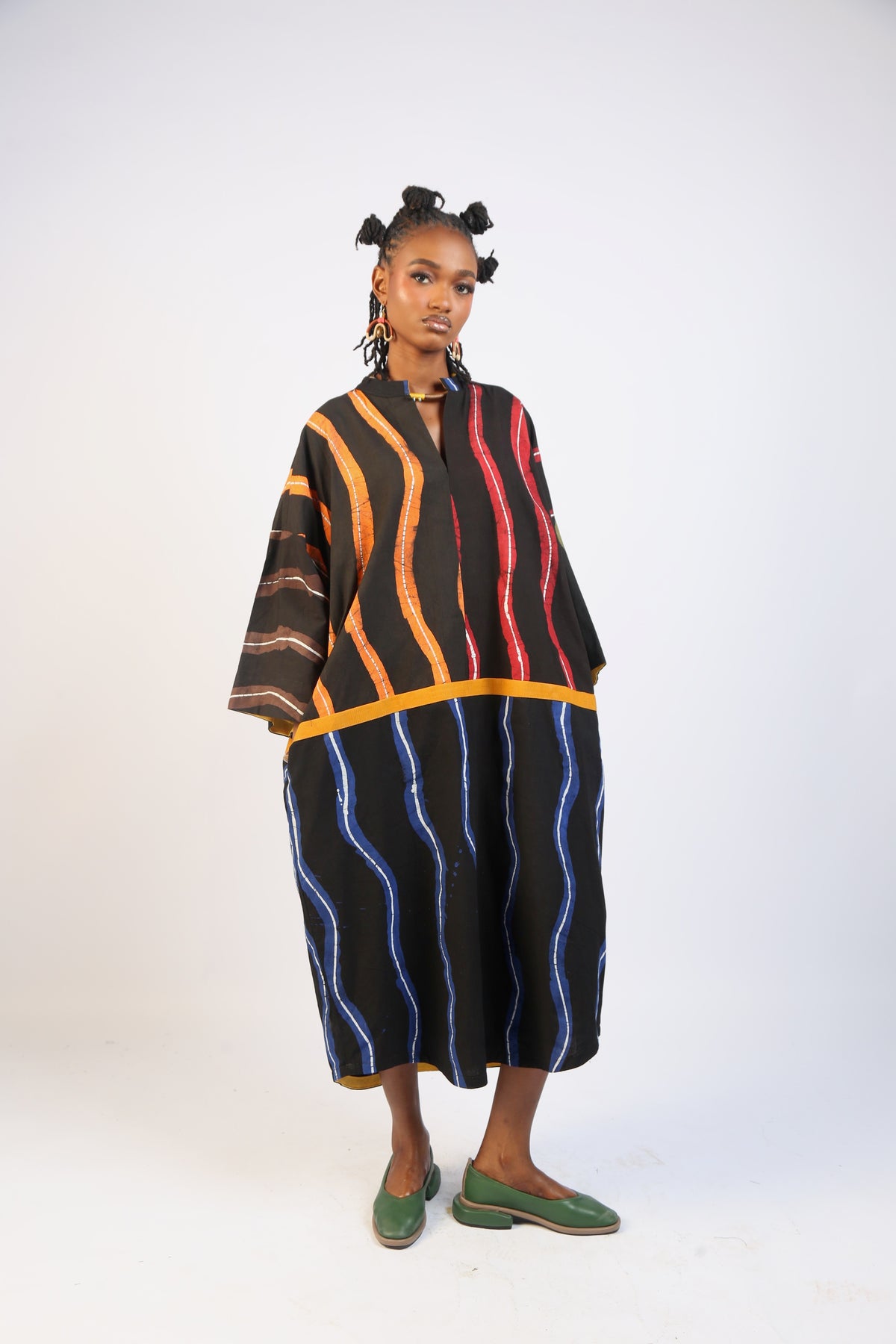 WHITE, BLUE AND  BLACK THINLINE KAFTAN WITH MUSTARD OUTLINE